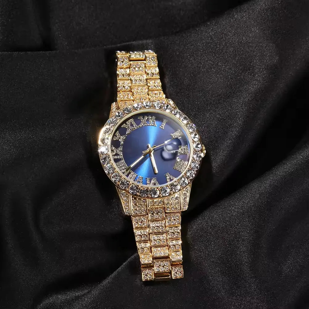 Hot Sale Luxury Baby Blue White Gold Color Watch Blue Red Pink Multi-Color Bezel Setting Watch Women Men Bling Bling Watch