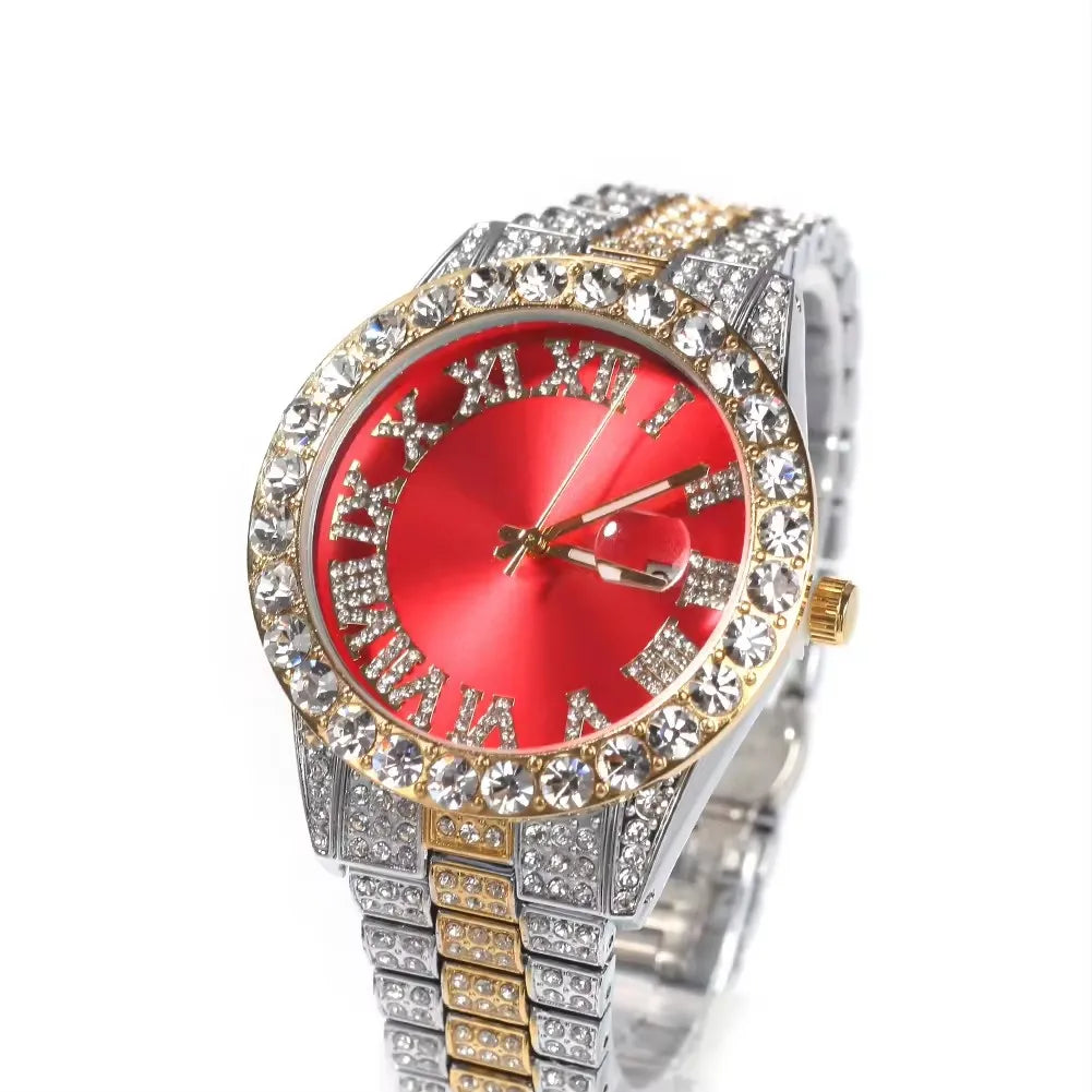 Hot Sale Luxury Baby Blue White Gold Color Watch Blue Red Pink Multi-Color Bezel Setting Watch Women Men Bling Bling Watch