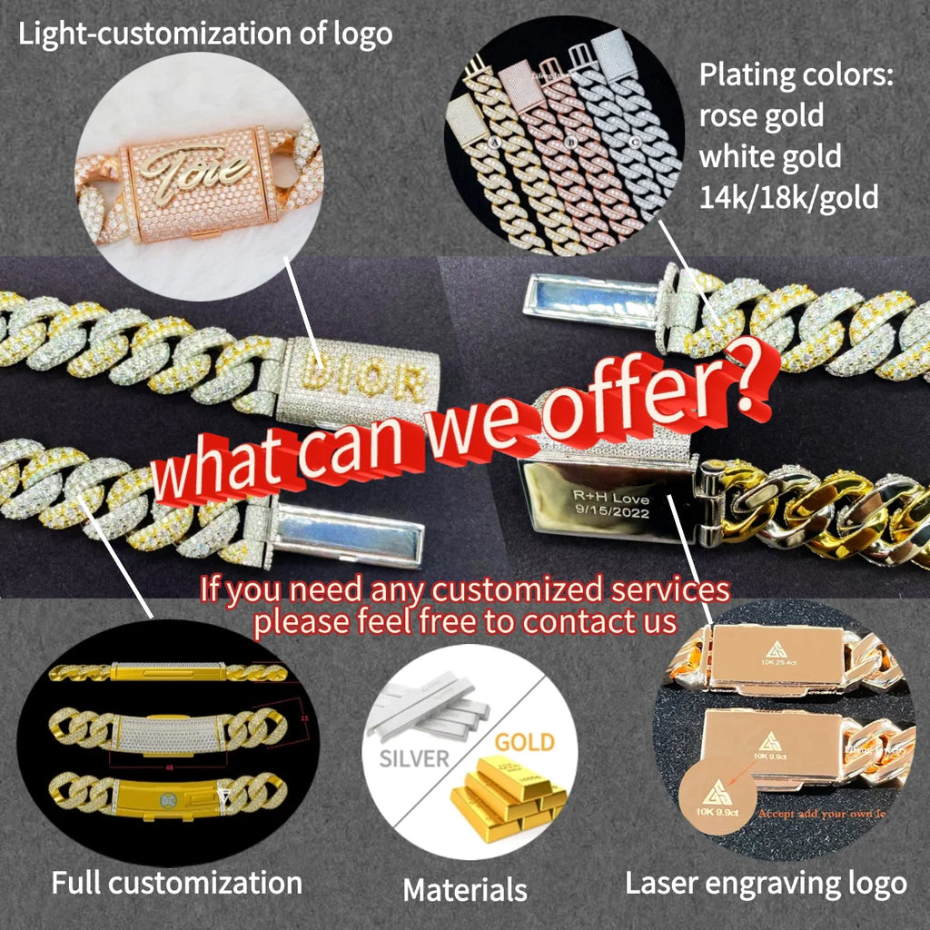 Custom Vvs Baguette Moissanite Pass Diamond Test Iced Out Hip Hop Silver Necklace Cuban Chain Fine Jewelry Men 16mm 18mm 20mm
