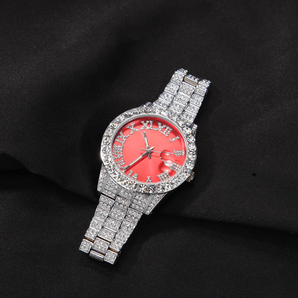 Hot Sale Luxury Baby Blue White Gold Color Watch Blue Red Pink Multi-Color Bezel Setting Watch Women Men Bling Bling Watch