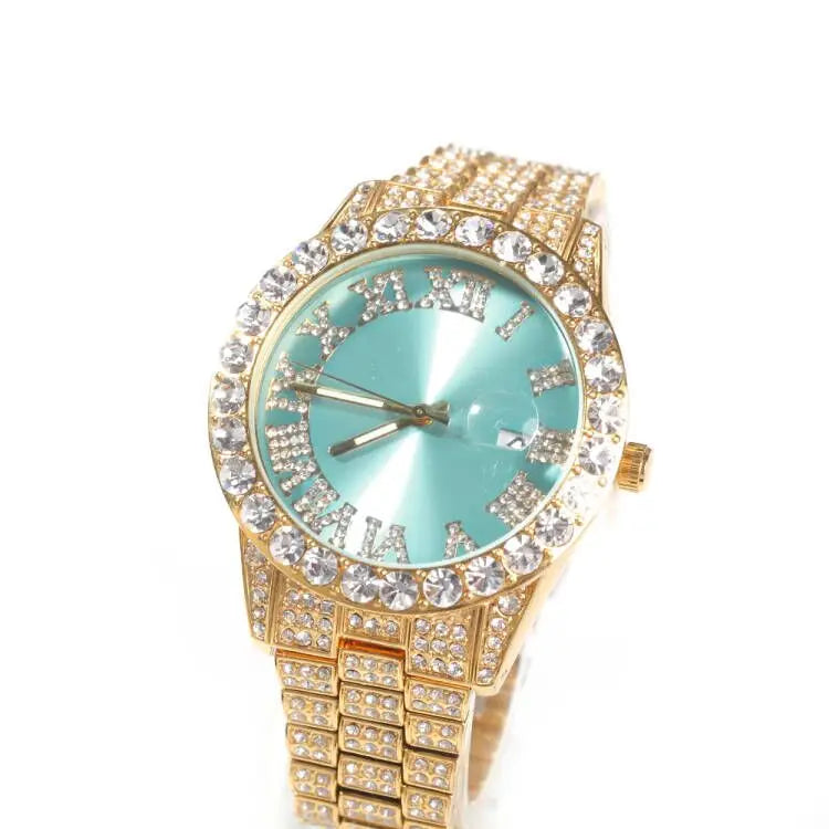 Hot Sale Luxury Baby Blue White Gold Color Watch Blue Red Pink Multi-Color Bezel Setting Watch Women Men Bling Bling Watch