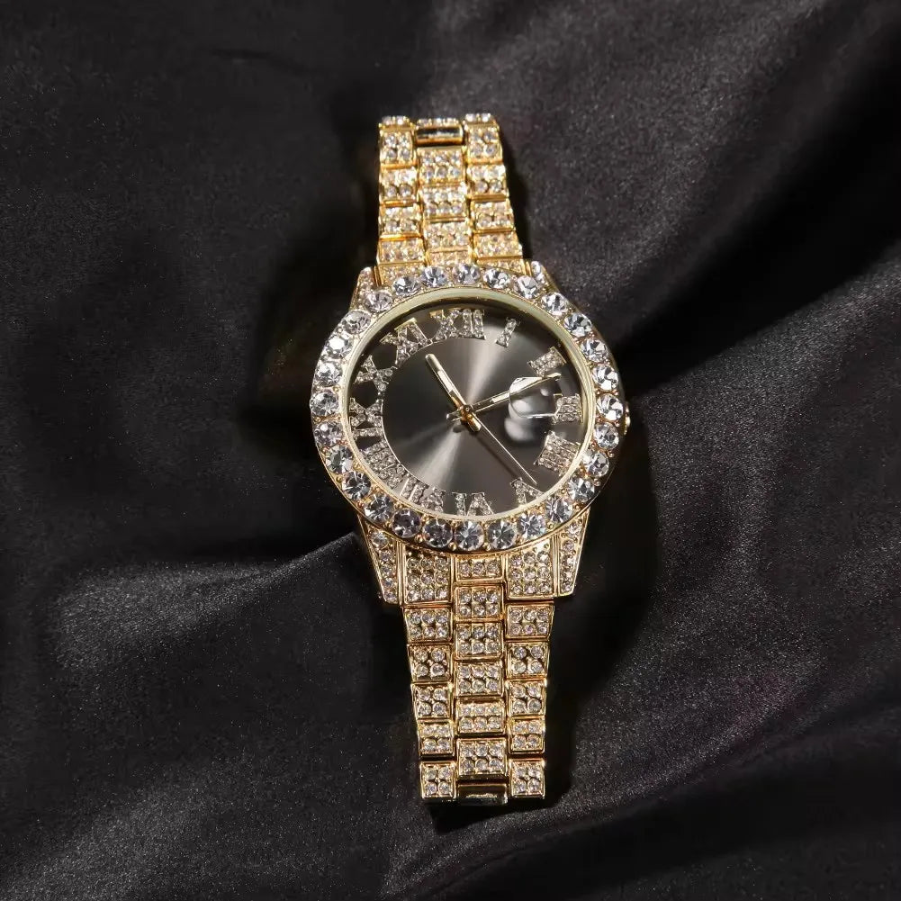 Hot Sale Luxury Baby Blue White Gold Color Watch Blue Red Pink Multi-Color Bezel Setting Watch Women Men Bling Bling Watch
