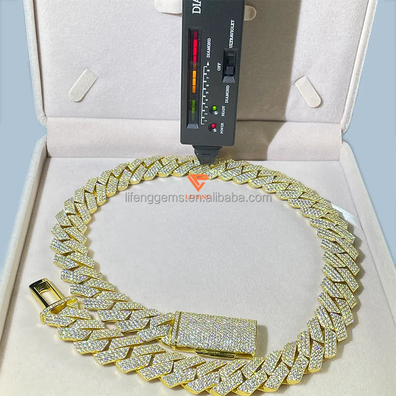 Custom Vvs Baguette Moissanite Pass Diamond Test Iced Out Hip Hop Silver Necklace Cuban Chain Fine Jewelry Men 16mm 18mm 20mm