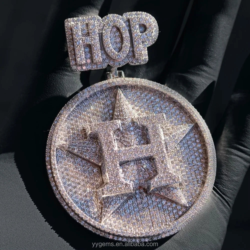 Custom Bail/logo Full Iced Out Moissanite Pendant Pass Diamond test 925 Silver Round Pendant Custom Letter Pendants Jewelry