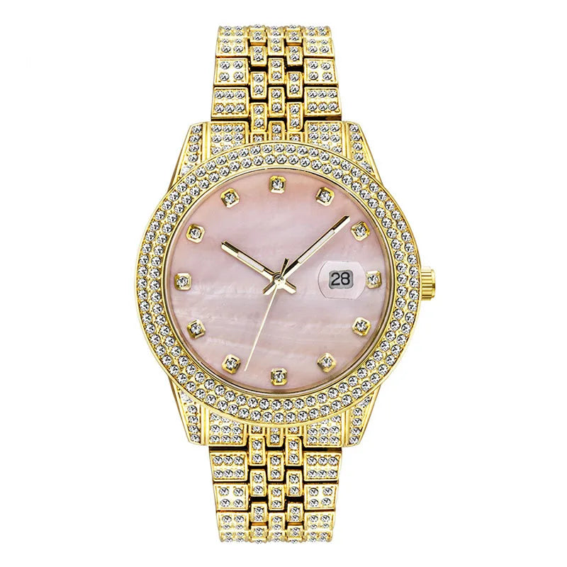 Hip Hop Bling Iced Out Quartz Waterproof Watches for Men Charm Jewelry Rose Gold Silver Color