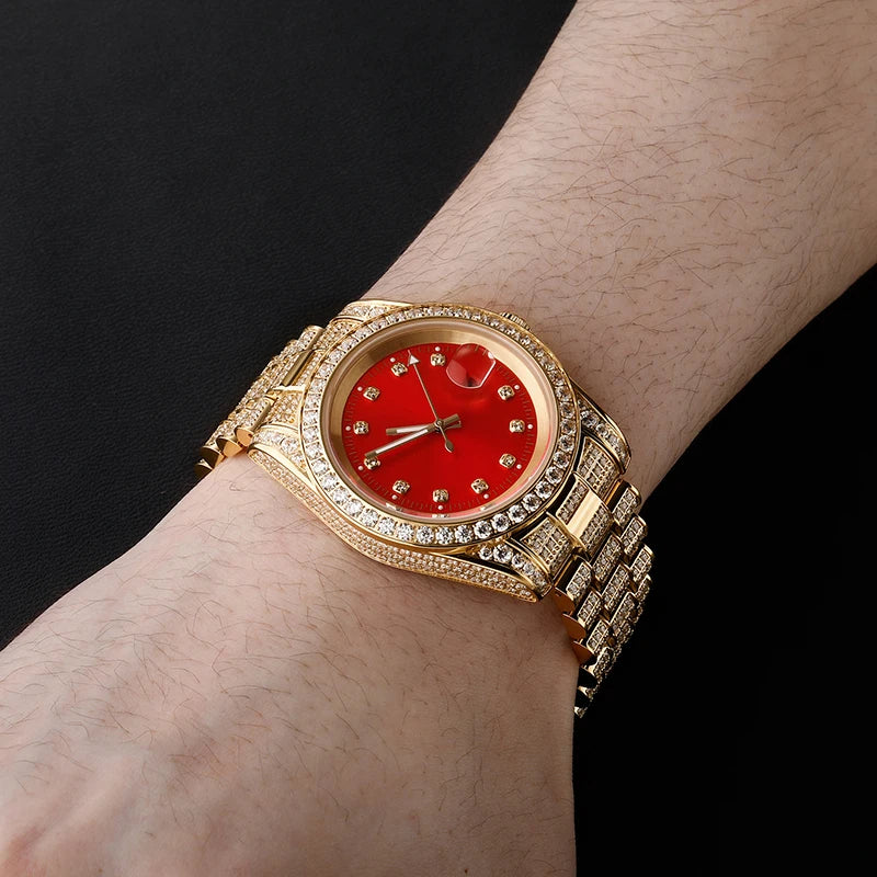 Hip Hop Mens Date Quartz Watch Waterproof Watches CZ Stone Paved Bling Iced Out Stainless Steel Watch for Men Charm Jewelry