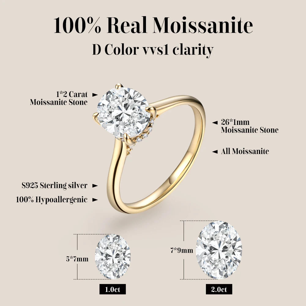 ATTAGEMS AU750 2.0CT Moissanite Ring Oval Cut Lab Diamond Solid 10K 14K 18K Gold For Women Engagement Bride Wedding Fine Jewelry