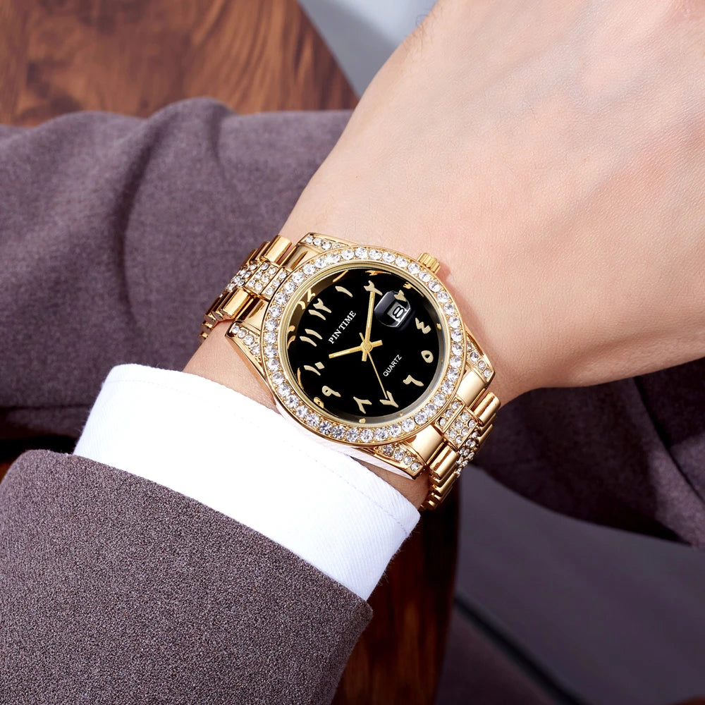 New Business Gentleman's Watch with Single-Fold Clasp Water-Resistant Date Display Luxury Diamond-Set Men's Quartz Timepiece