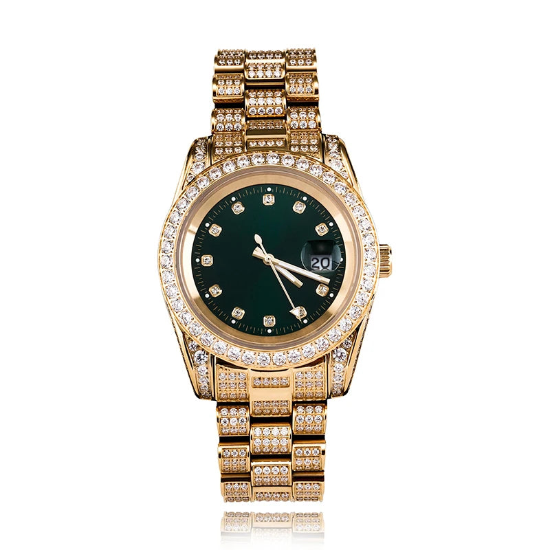 Hip Hop Mens Date Quartz Watch Waterproof Watches CZ Stone Paved Bling Iced Out Stainless Steel Watch for Men Charm Jewelry