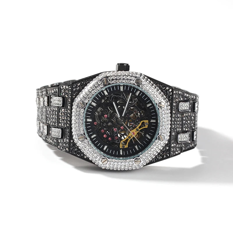 Hip Hop Bling Iced Out Stainless Steel Luminous Watch Date Quartz Wrist Waterproof Watches  for Men Rapper Jewelry Gift