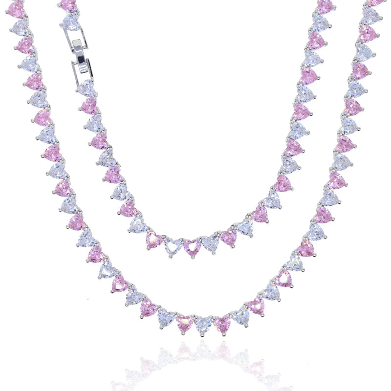 Wholesale 5A Heart Shaped Iced Out Bling Pink White CZ Tennis Chain Necklace for Women Girlfriend Valentine's Fashion Jewelry