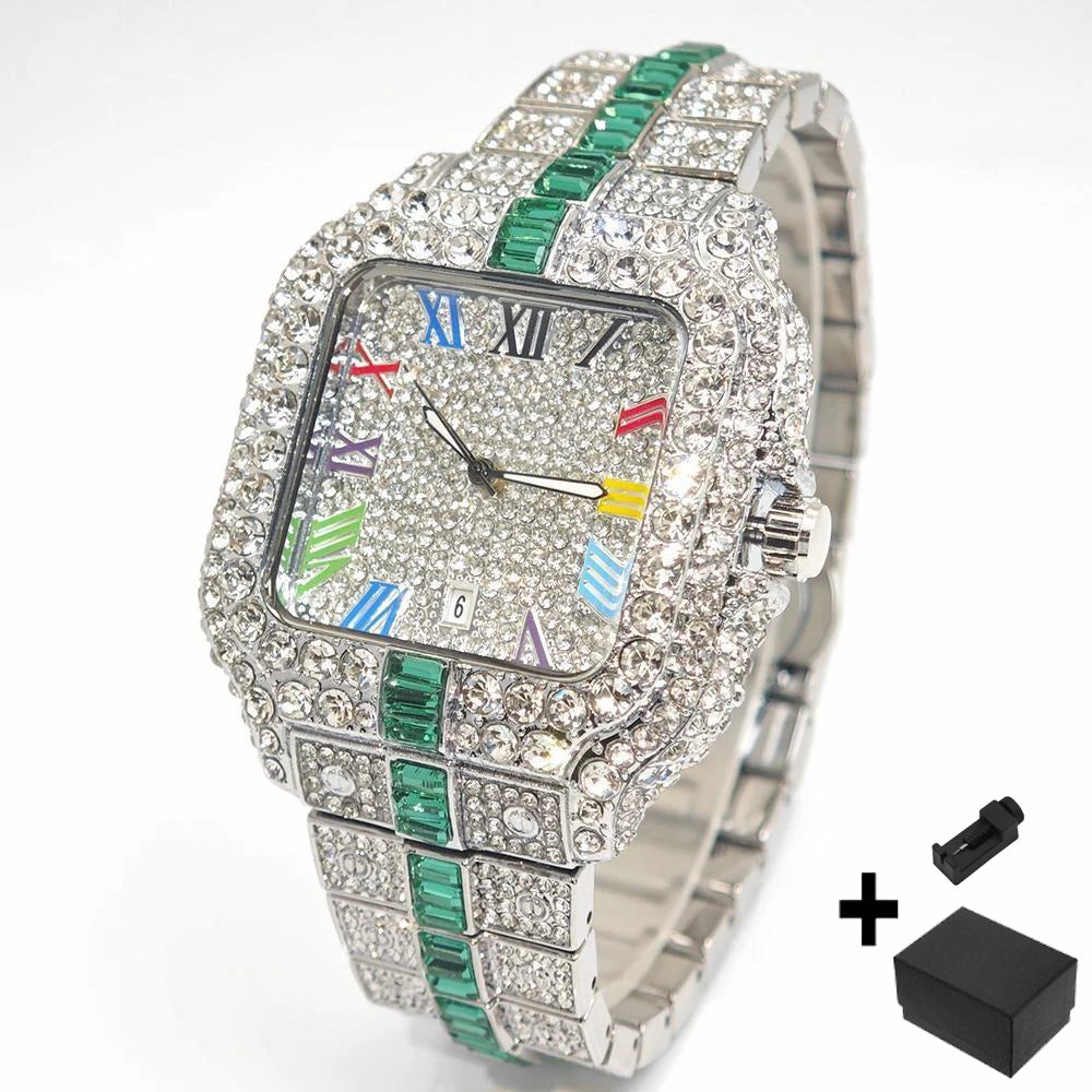 2025 Luxury Brand Men Quartz Watch Fashion Rainbow Digital Rome Dial Calendar Waterproof Hip Hop Diamond Wristwatch For Man Gift