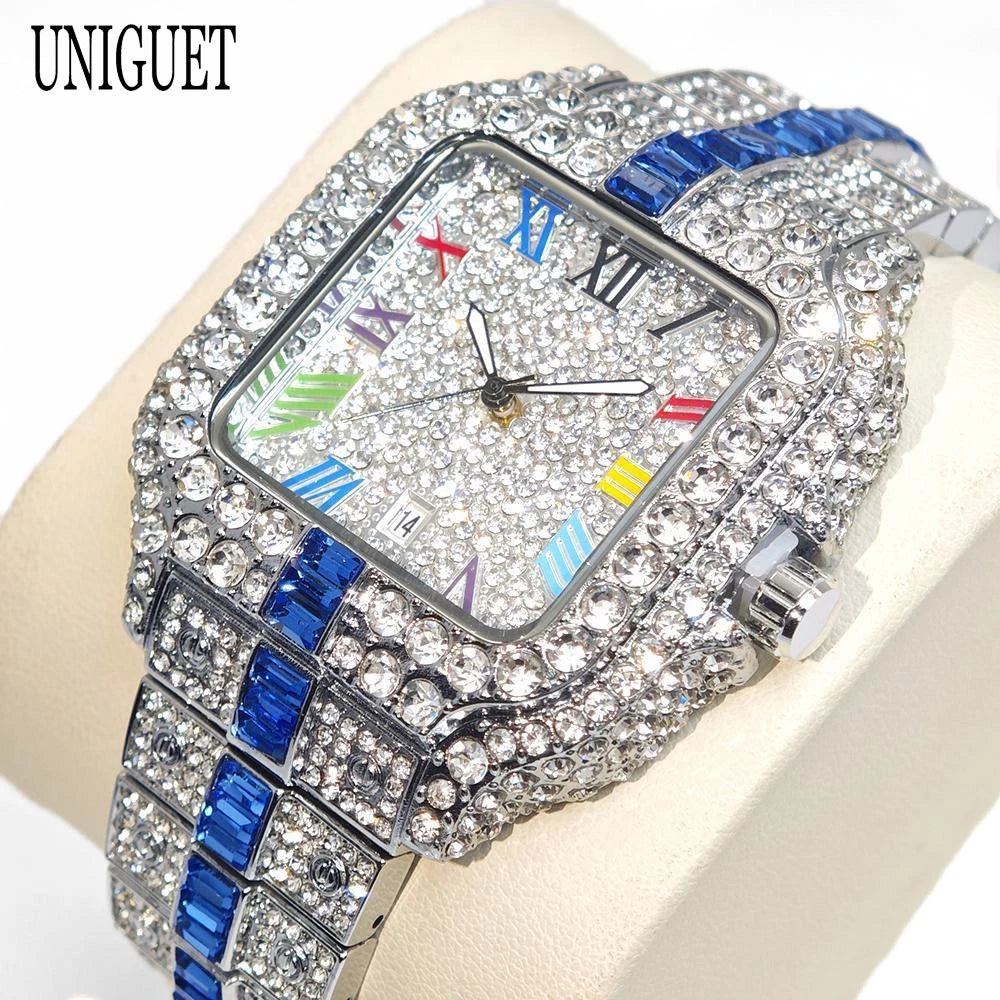 2025 Luxury Brand Men Quartz Watch Fashion Rainbow Digital Rome Dial Calendar Waterproof Hip Hop Diamond Wristwatch For Man Gift