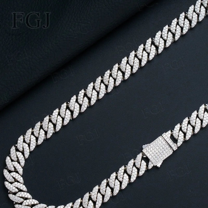925 Sterling Silver Moissanite Cuban Chain White & Yellow Gold Plated Full Chain Sparkle Fine Necklace For Wedding Gifts