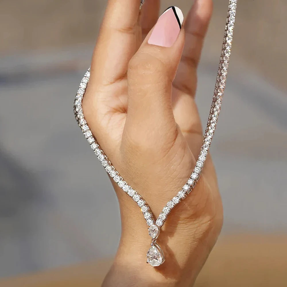 6Carat Pear Cut Full Moissanite Tennis Necklace for Women V-shape 3mm Round Cut Diamond S925 Silver WaterDrop Riviera Necklaces