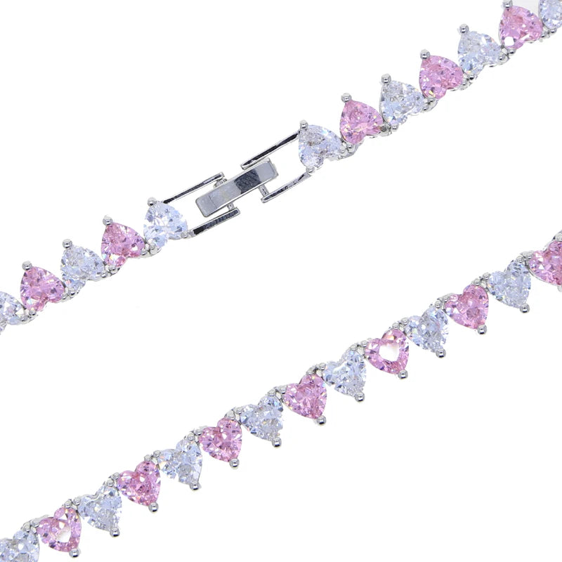 Wholesale 5A Heart Shaped Iced Out Bling Pink White CZ Tennis Chain Necklace for Women Girlfriend Valentine's Fashion Jewelry