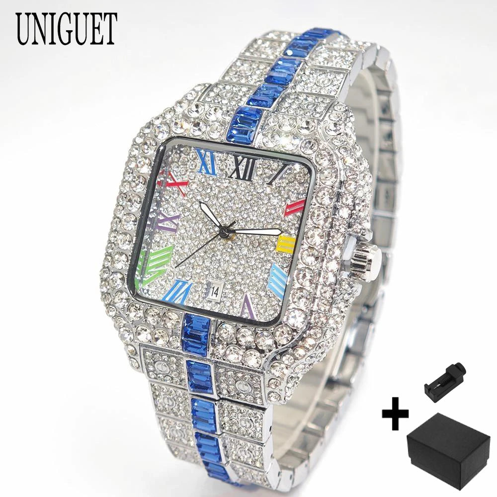 2025 Luxury Brand Men Quartz Watch Fashion Rainbow Digital Rome Dial Calendar Waterproof Hip Hop Diamond Wristwatch For Man Gift