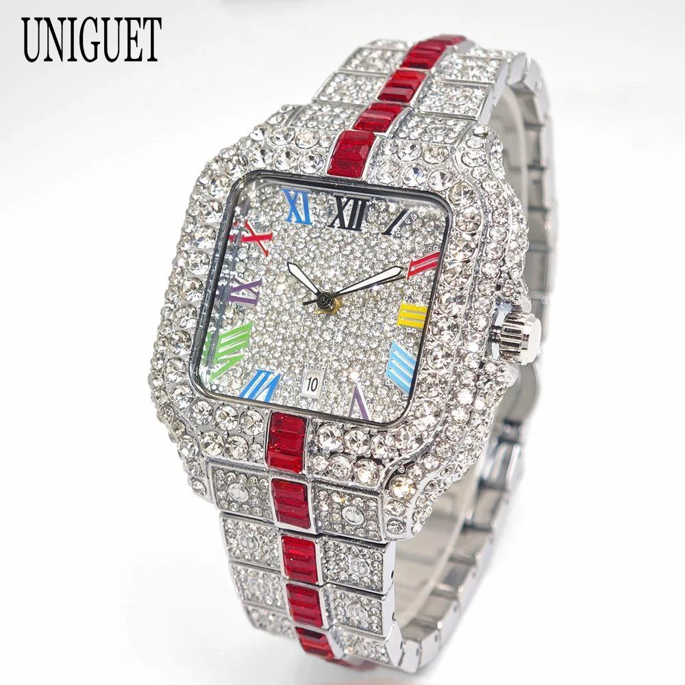 2025 Luxury Brand Men Quartz Watch Fashion Rainbow Digital Rome Dial Calendar Waterproof Hip Hop Diamond Wristwatch For Man Gift