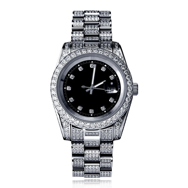 Hip Hop Bling Iced Out Stainless Steel Luminous Watch Date Quartz Wrist Waterproof Watches  for Men Rapper Jewelry Gift