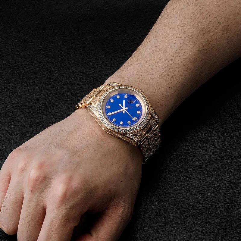 Hip Hop Bling Iced Out Stainless Steel Luminous Watch Date Quartz Wrist Waterproof Watches  for Men Rapper Jewelry Gift