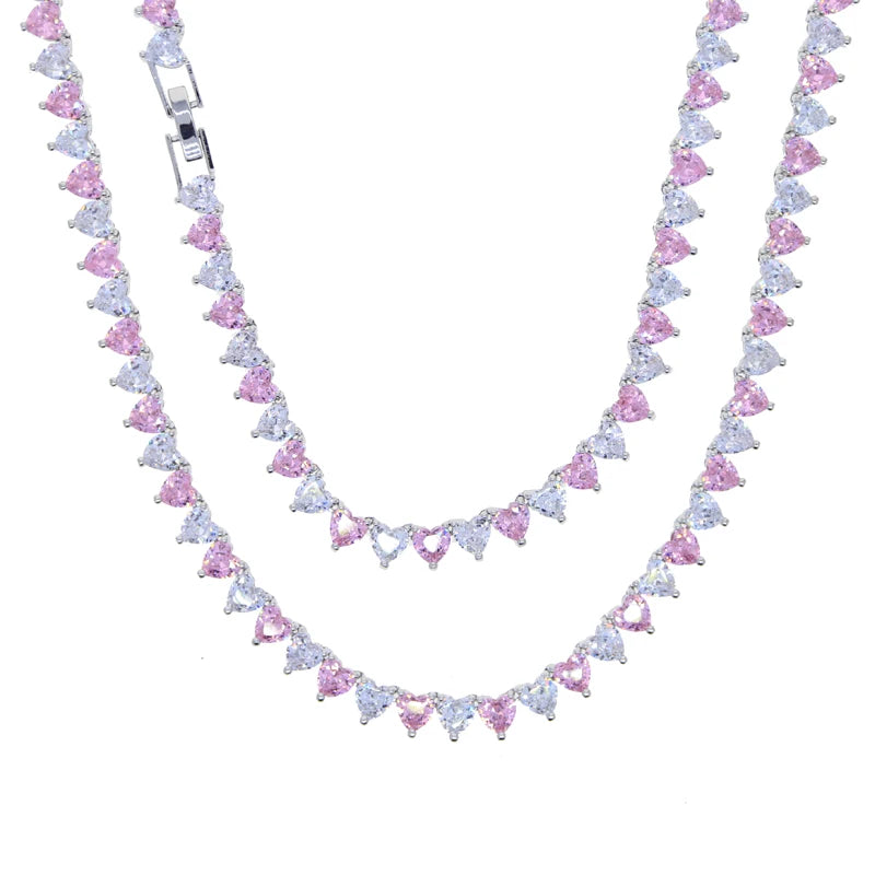 Wholesale 5A Heart Shaped Iced Out Bling Pink White CZ Tennis Chain Necklace for Women Girlfriend Valentine's Fashion Jewelry