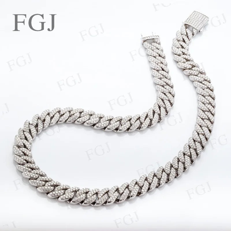 925 Sterling Silver Moissanite Cuban Chain White & Yellow Gold Plated Full Chain Sparkle Fine Necklace For Wedding Gifts