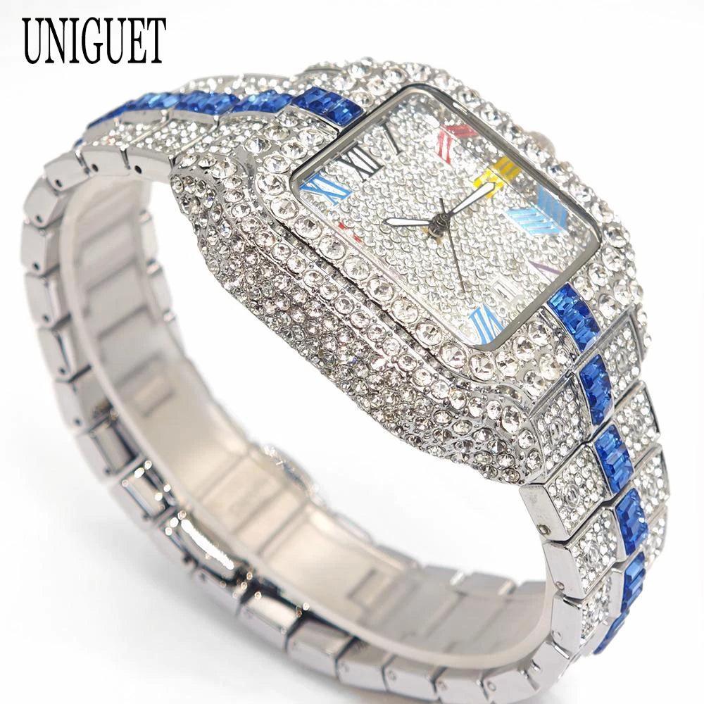 2025 Luxury Brand Men Quartz Watch Fashion Rainbow Digital Rome Dial Calendar Waterproof Hip Hop Diamond Wristwatch For Man Gift