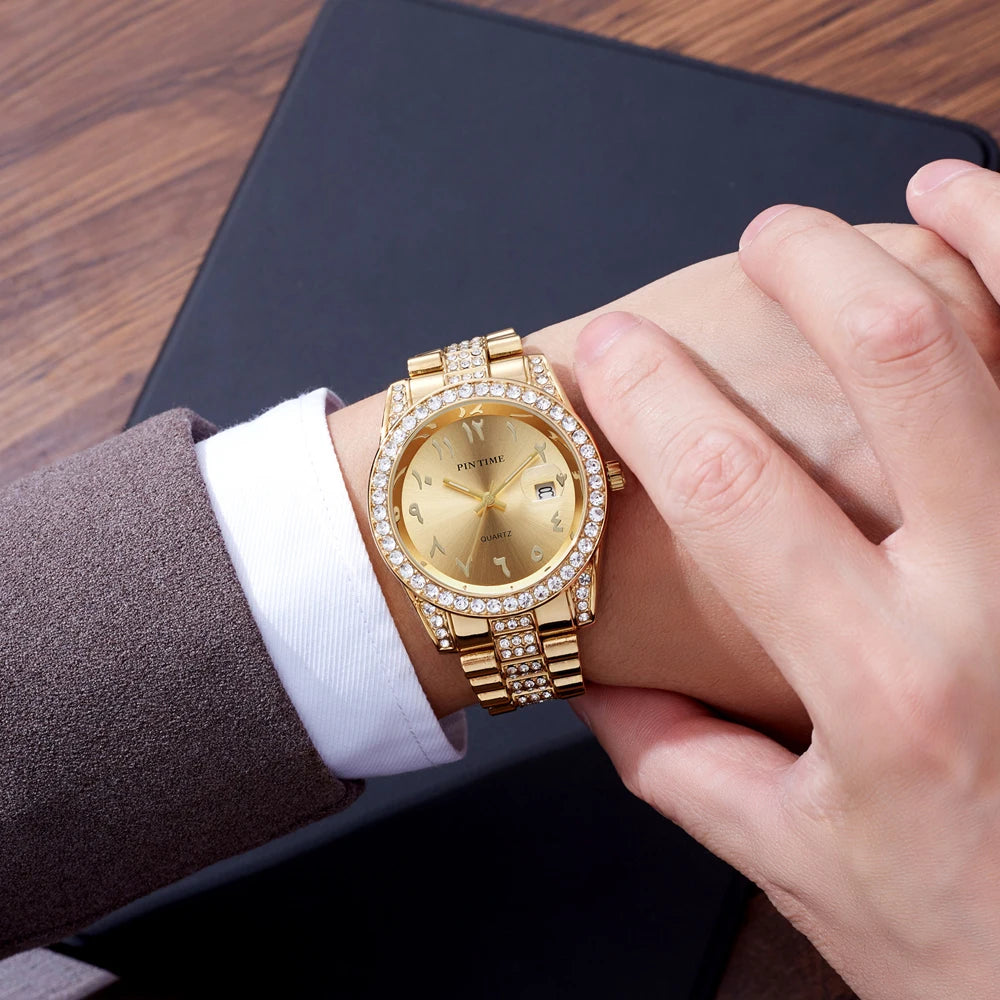 New Business Gentleman's Watch with Single-Fold Clasp Water-Resistant Date Display Luxury Diamond-Set Men's Quartz Timepiece