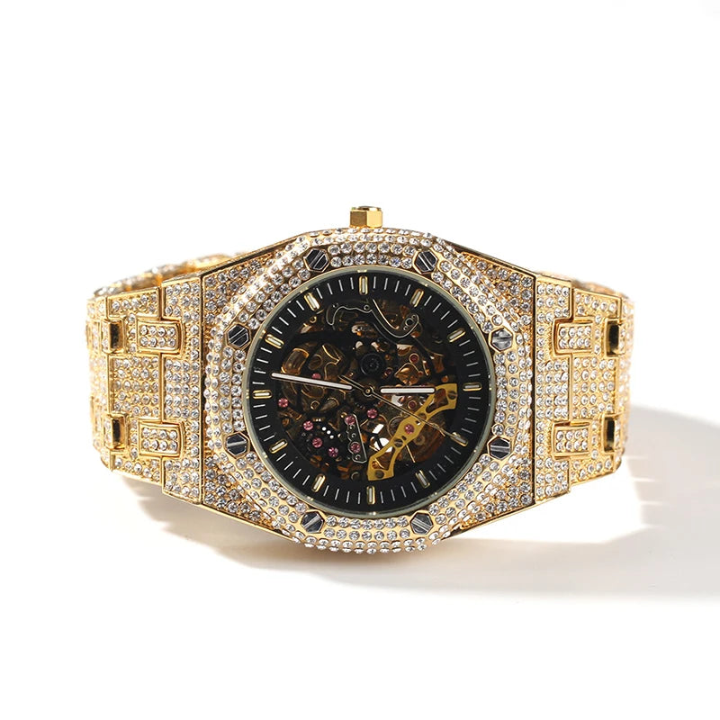 Hip Hop Bling Iced Out Stainless Steel Luminous Watch Date Quartz Wrist Waterproof Watches  for Men Rapper Jewelry Gift