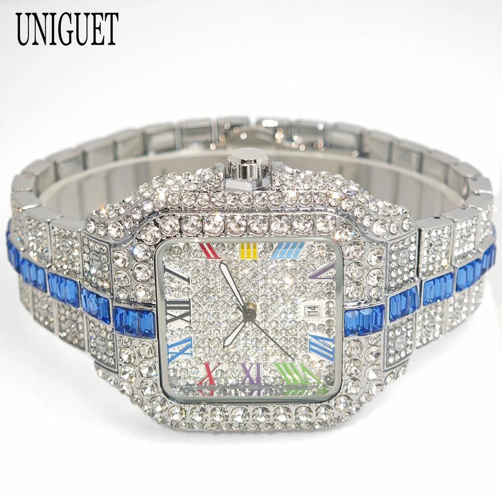 2025 Luxury Brand Men Quartz Watch Fashion Rainbow Digital Rome Dial Calendar Waterproof Hip Hop Diamond Wristwatch For Man Gift
