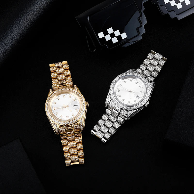 Hip Hop Mens Date Quartz Watch Waterproof Watches CZ Stone Paved Bling Iced Out Stainless Steel Watch for Men Charm Jewelry