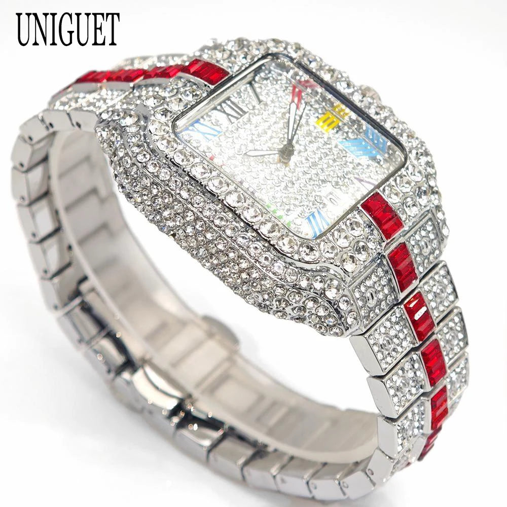 2025 Luxury Brand Men Quartz Watch Fashion Rainbow Digital Rome Dial Calendar Waterproof Hip Hop Diamond Wristwatch For Man Gift