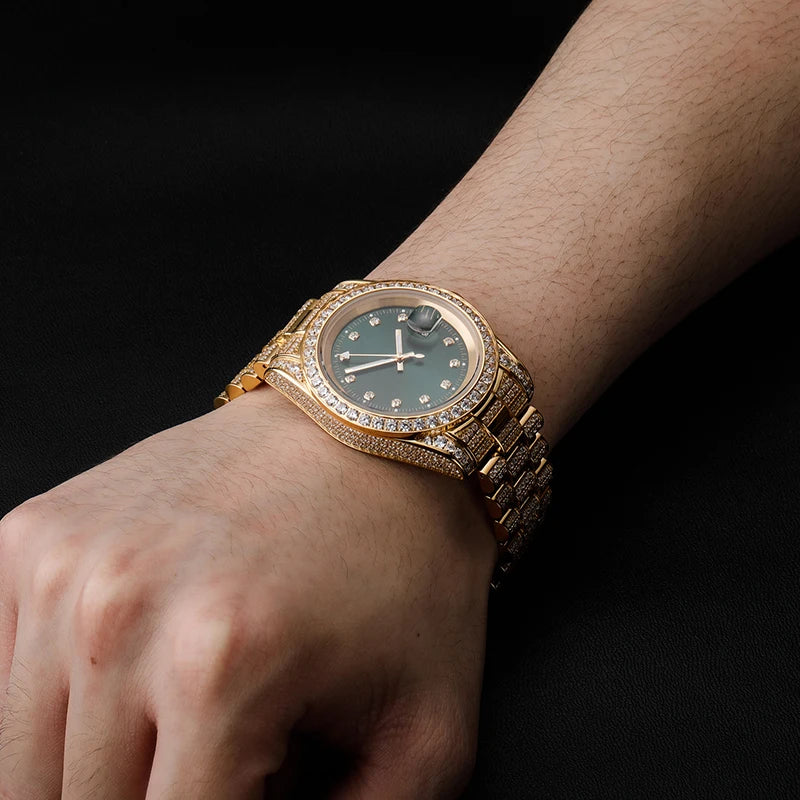 Hip Hop Mens Date Quartz Watch Waterproof Watches CZ Stone Paved Bling Iced Out Stainless Steel Watch for Men Charm Jewelry