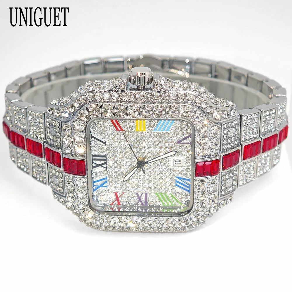 2025 Luxury Brand Men Quartz Watch Fashion Rainbow Digital Rome Dial Calendar Waterproof Hip Hop Diamond Wristwatch For Man Gift