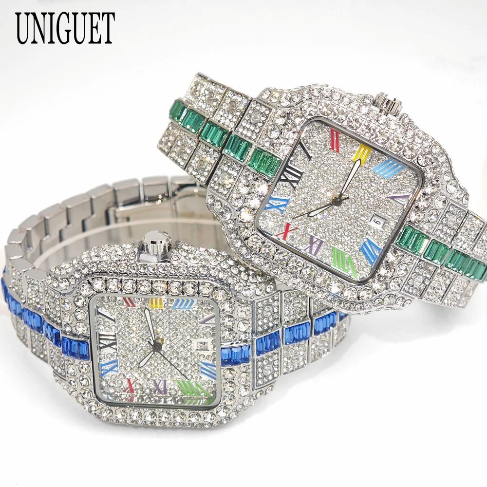 2025 Luxury Brand Men Quartz Watch Fashion Rainbow Digital Rome Dial Calendar Waterproof Hip Hop Diamond Wristwatch For Man Gift