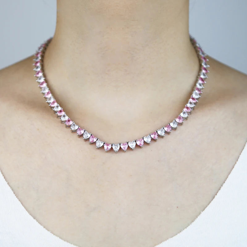 Wholesale 5A Heart Shaped Iced Out Bling Pink White CZ Tennis Chain Necklace for Women Girlfriend Valentine's Fashion Jewelry