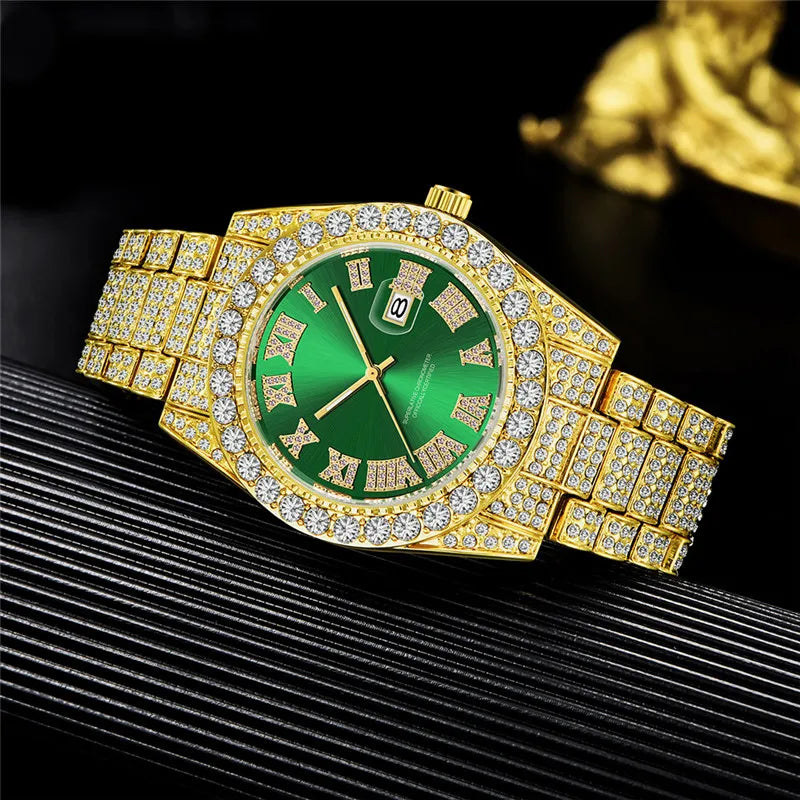 Original Men Brand 3582 Luxury Golden Watches Hip Hop Full Diamond Date Gifts Quartz Wristwatch Montres de Marque de Luxe 2024