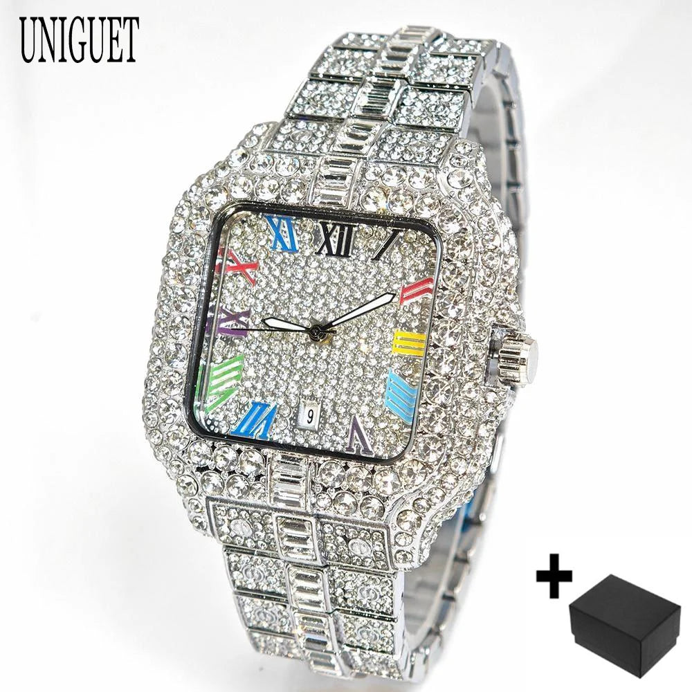 Luxury Ice Out Watch For Man Fashion Roman Literal AAA Watch Hip Hop Diamond Square Wrist Watch Men Gift 2025 Hot Sale
