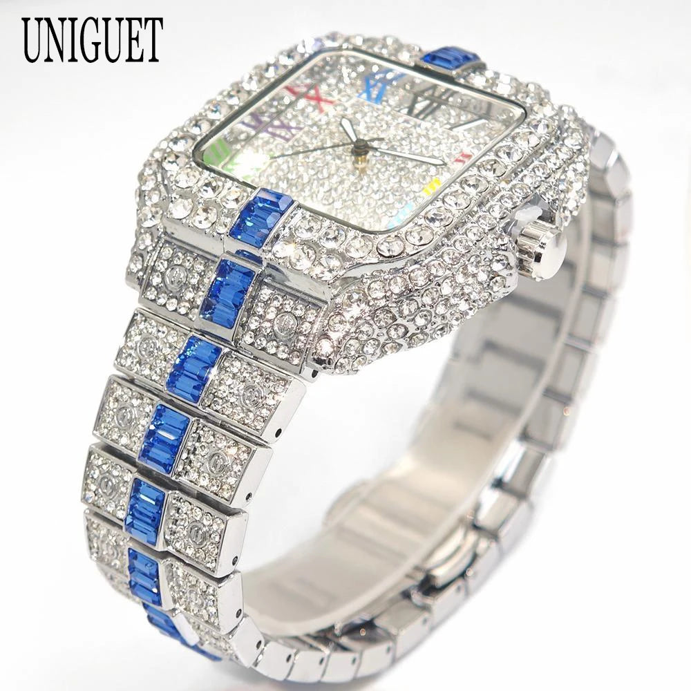 2025 Luxury Brand Men Quartz Watch Fashion Rainbow Digital Rome Dial Calendar Waterproof Hip Hop Diamond Wristwatch For Man Gift