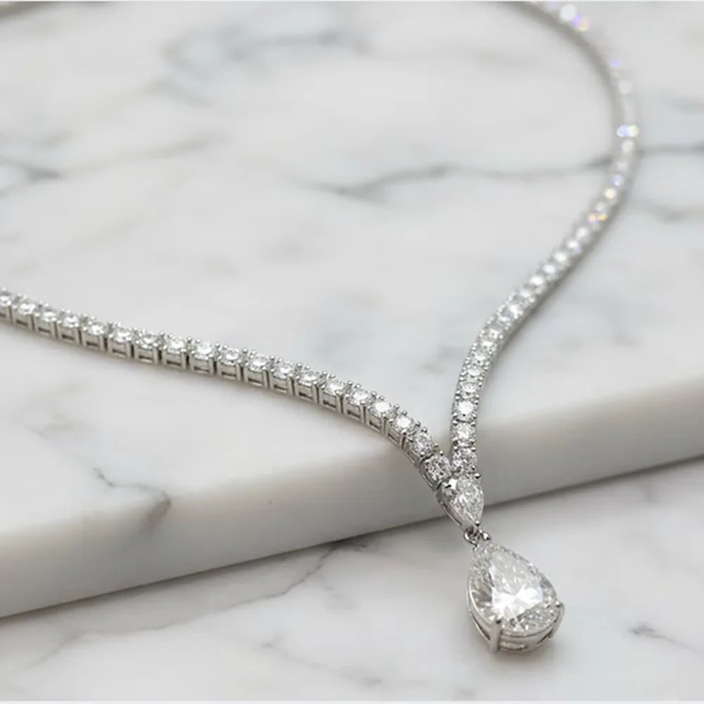 6Carat Pear Cut Full Moissanite Tennis Necklace for Women V-shape 3mm Round Cut Diamond S925 Silver WaterDrop Riviera Necklaces