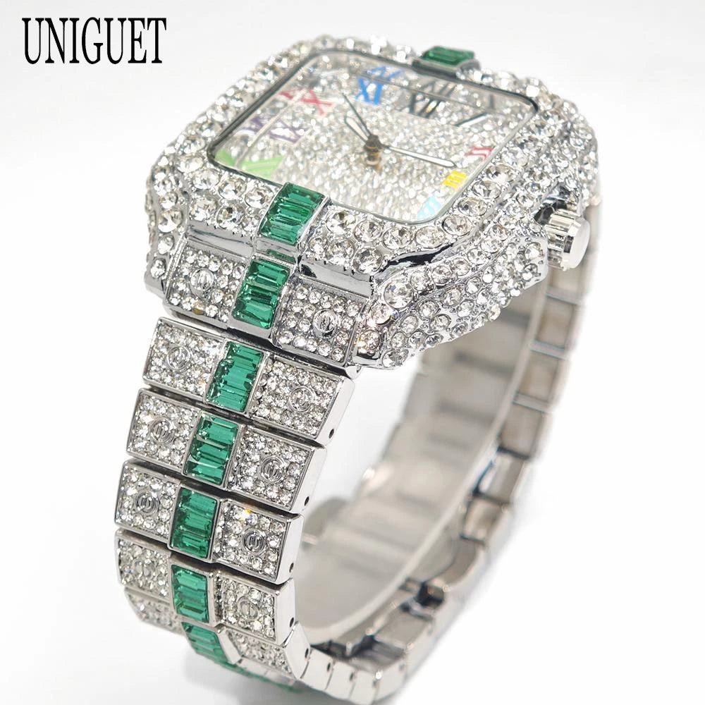 2025 Luxury Brand Men Quartz Watch Fashion Rainbow Digital Rome Dial Calendar Waterproof Hip Hop Diamond Wristwatch For Man Gift