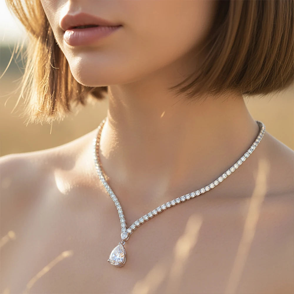 6Carat Pear Cut Full Moissanite Tennis Necklace for Women V-shape 3mm Round Cut Diamond S925 Silver WaterDrop Riviera Necklaces