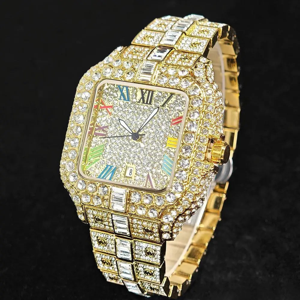 Luxury Ice Out Watch For Man Fashion Roman Literal AAA Watch Hip Hop Diamond Square Wrist Watch Men Gift 2025 Hot Sale