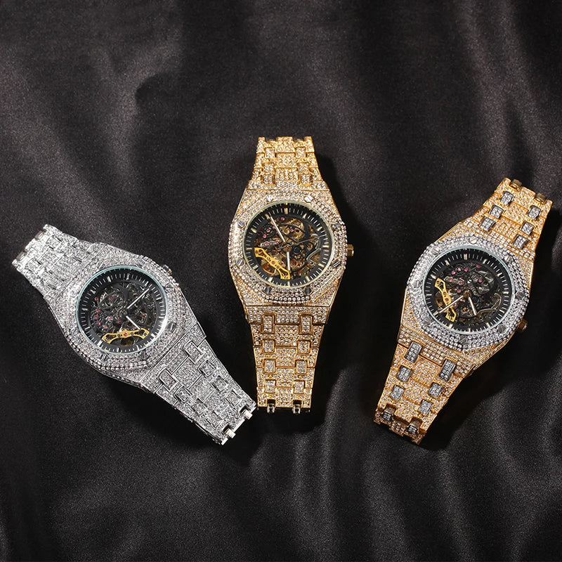 Hip Hop Bling Iced Out Stainless Steel Luminous Watch Date Quartz Wrist Waterproof Watches  for Men Rapper Jewelry Gift