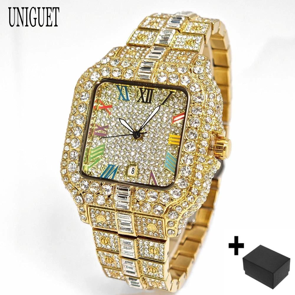 Luxury Ice Out Watch For Man Fashion Roman Literal AAA Watch Hip Hop Diamond Square Wrist Watch Men Gift 2025 Hot Sale