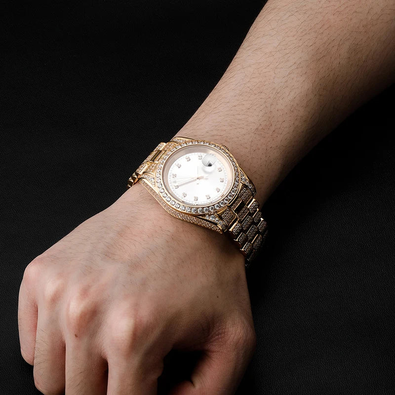 Hip Hop Bling Iced Out Stainless Steel Luminous Watch Date Quartz Wrist Waterproof Watches  for Men Rapper Jewelry Gift