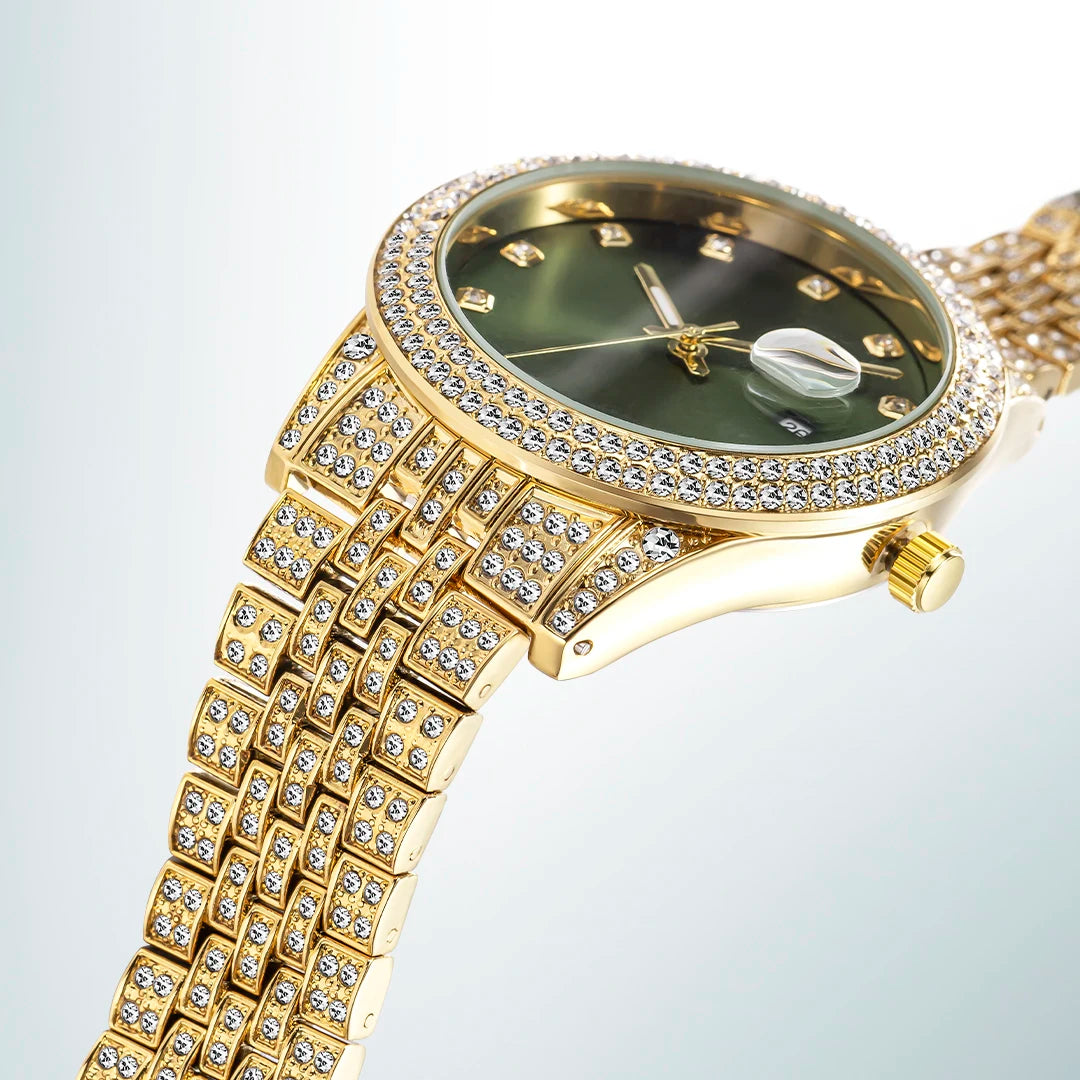 Green Women Watch Elegant Fashion Retro Style Color Ladies Quartz Watches Diamond Band Calendar Waterproof Wristwatch Female