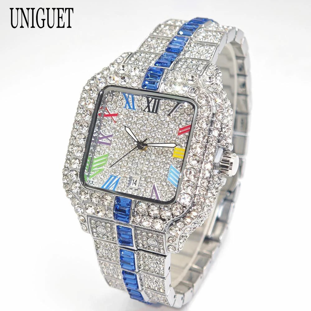 2025 Luxury Brand Men Quartz Watch Fashion Rainbow Digital Rome Dial Calendar Waterproof Hip Hop Diamond Wristwatch For Man Gift