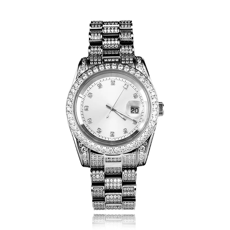 Hip Hop Mens Date Quartz Watch Waterproof Watches CZ Stone Paved Bling Iced Out Stainless Steel Watch for Men Charm Jewelry