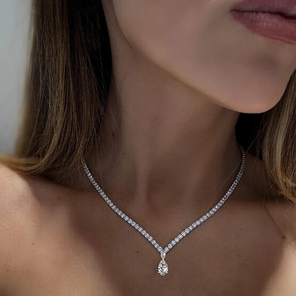 6Carat Pear Cut Full Moissanite Tennis Necklace for Women V-shape 3mm Round Cut Diamond S925 Silver WaterDrop Riviera Necklaces